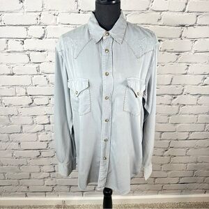 Ryan Michael Snap Button Shirt Embroidered Chambray Med Blue Silk Blend Western